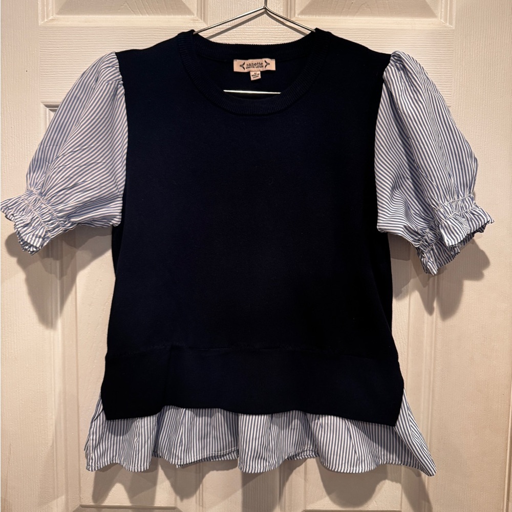 Nanette Lepore Navy Knit Top with Branded stripe- two for one top